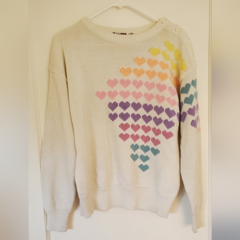 Vintage 80s Sweater with Multicolor Heart Design